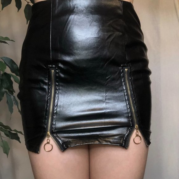 Black Leather DoubleZipper Short Mini Bodycon Skirt - Picture 3 of 7
